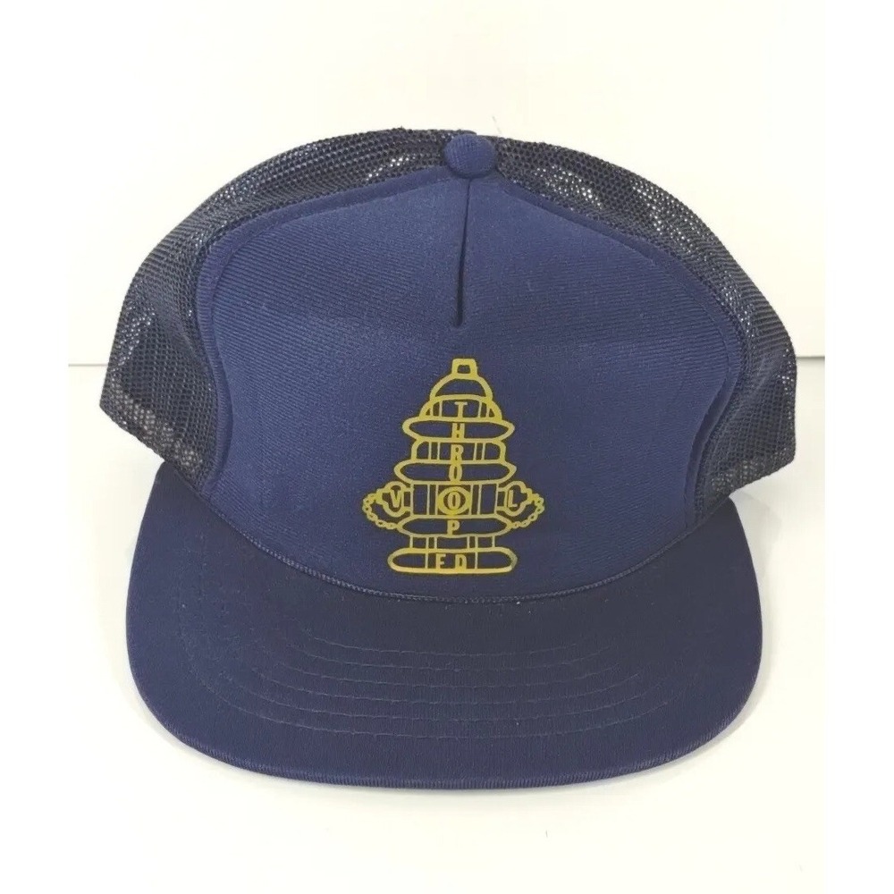 Navy Blue Mesh Trucker Hat Logo Designer M‎ /L Snapback Graphic Cap Vintage